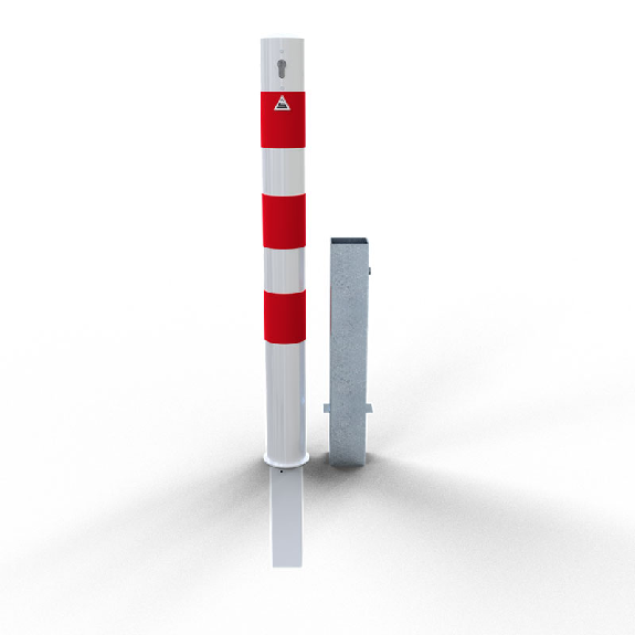 Schake Absperrpfosten herausnehmbar aus Stahlrohr verzinkt Ø89x2,9mm weiß mit rot reflektierenden Leuchtstreifen, Profilzylinder und Stahlkappe 900mm Überflur-Beschreibung lesen