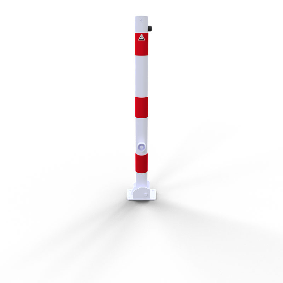 Schake Absperrpfosten umlegbar aus Stahlrohr verzinkt Ø60x2,5mm weiß mit rot reflektierenden Leuchtstreifen, Dreikantverschluss, Dübelbefestigung und Stahlkappe 900mm Überflur-Beschreibung lesen