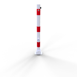 Schake Absperrpfosten umlegbar aus Stahlrohr verzinkt Ø60x2,5mm weiß mit rot reflektierenden Leuchtstreifen, Dreikantverschluss, Dübelbefestigung und Stahlkappe 900mm Überflur-Beschreibung lesen