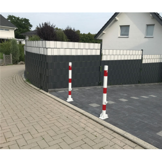Schake Absperrpfosten umlegbar aus Stahlrohr verzinkt Ø60x2,5mm weiß mit rot reflektierenden Leuchtstreifen, Dreikantverschluss, Dübelbefestigung und Stahlkappe 900mm Überflur-Beschreibung lesen