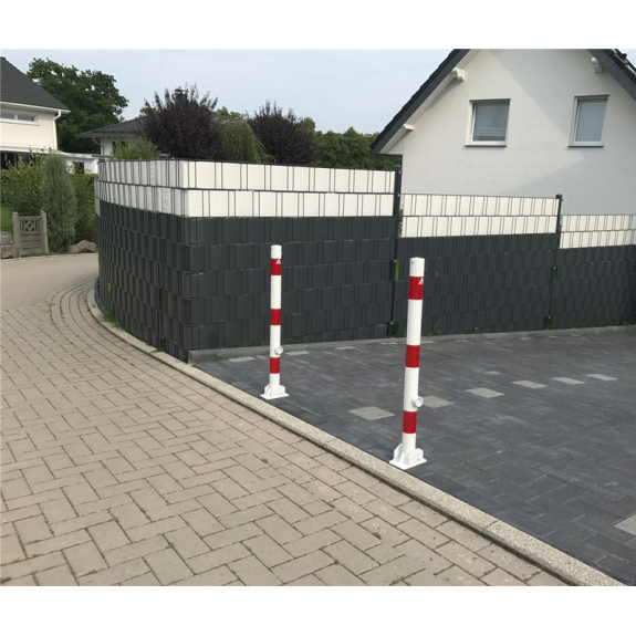 Schake Absperrpfosten umlegbar zum Einbetonieren aus Stahlrohr verzinkt Ø60x2,5mm mit Dreikantverschluss und Stahlkappe 900mm Überflur-Beschreibung lesen