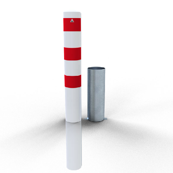 Schake Stahlrohrpoller herausnehmbar ohne Verschluss aus Stahlrohr verzinkt Ø193x3,6mm weiß beschichtet mit rot reflektierenden Leuchtstreifen 2000mm Gesamtlänge-Beschreibung lesen