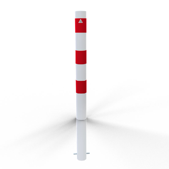 Schake Absperrpfosten ortsfest aus Stahlrohr verzinkt Ø89x2,9mm weiß mit rot reflektierenden Leuchtstreifen, Dübelbefestigung und Stahlkappe 900mm Überflur-Beschreibung lesen