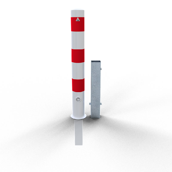 Schake Absperrpfosten herausnehmbar aus Stahlrohr verzinkt Ø108x2,9mm weiß mit rot reflektierenden Leuchtstreifen, Dreikantverschluss und Stahlkappe 900mm Überflur-Beschreibung lesen