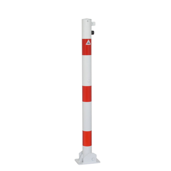Schake Absperrpfosten umlegbar zum Einbetonieren für Vorhängeschloss aus Stahlrohr verzinkt Ø60x2,5mm weiß mit rot reflektierenden Leuchtstreifen und Stahlkappe 900mm Überflur-Beschreibung lesen