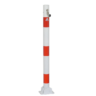 Schake Absperrpfosten umlegbar zum Einbetonieren aus Stahlrohr verzinkt Ø60x2,5mm weiß mit rot reflektierenden Leuchtstreifen, Profilzylinderschloss und Stahlkappe 900mm Überflur-Beschreibung lesen