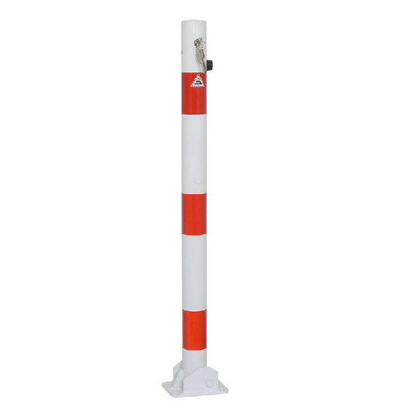 Schake Absperrpfosten umlegbar zum Einbetonieren aus Stahlrohr verzinkt Ø60x2,5mm weiß mit rot reflektierenden Leuchtstreifen, Profilzylinderschloss und Stahlkappe 900mm Überflur-Beschreibung lesen