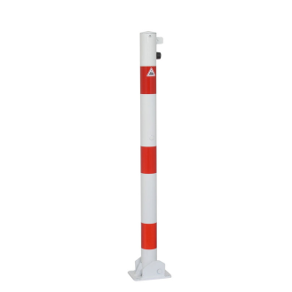 Schake Absperrpfosten umlegbar aus Stahlrohr verzinkt Ø60x2,5mm weiß mit rot reflektierenden Leuchtstreifen, Profilzylinderschloss, Dübelbefestigung und Stahlkappe 900mm Überflur-Beschreibung lesen
