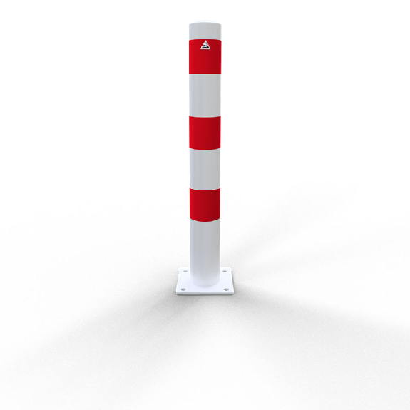 Schake Absperrpfosten ortsfest für Dübelbefestigung aus Stahlrohr verzinkt Ø108x2,5mm weiß mit rot reflektierenden Leuchtstreifen und Stahlkappe 900mm Überflur-Beschreibung lesen