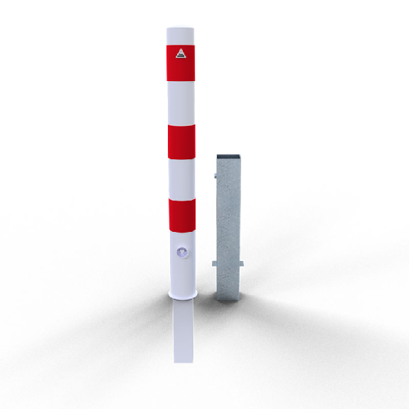 Schake Absperrpfosten herausnehmbar aus Stahlrohr verzinkt Ø89x2,9mm weiß mit rot reflektierenden Leuchtstreifen, Dreikantverschluss und Stahlkappe 900mm Überflur-Beschreibung lesen