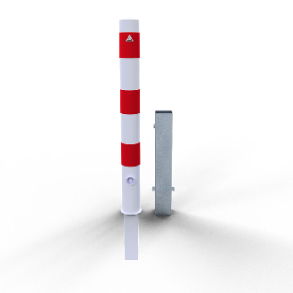 Schake Absperrpfosten herausnehmbar aus Stahlrohr verzinkt Ø89x2,9mm weiß mit rot reflektierenden Leuchtstreifen, Dreikantverschluss und Stahlkappe 900mm Überflur-Beschreibung lesen