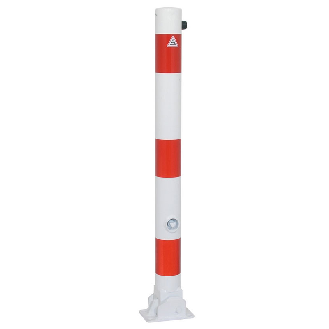 Schake Absperrpfosten umlegbar aus Stahlrohr verzinkt Ø76x2,5mm weiß mit rot reflektierenden Leuchtstreifen, Dreikantverschluss, Dübelbefestigung und Stahlkappe 900mm Überflur-Beschreibung lesen