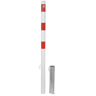 Schake Absperrpfosten herausnehmbar für Vorhängeschloss aus Stahlrohr verzinkt Ø60x2,5mm weiß mit rot reflektierenden Leuchtstreifen und Stahlkappe 900mm Überflur mit 1 Öse-Beschreibung lesen