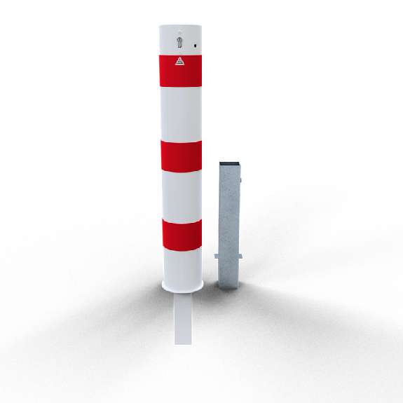 Bollard tube en acier amovible avec verrouillage de cylindre de profil en tube en acier galvanisé Ø152x3,2 mm blanc revêtu de bandes lumineuses réfléchissantes rouges 1500 mm longueur totale-Leer más