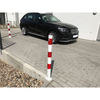 Schake Absperrpfosten ortsfest aus Stahlrohr verzinkt Ø76x2,6mm weiß mit rot reflektierenden Leuchtstreifen allseitig bis 30º neigbar mit Dübelbefestigung 900mm Überflur-Beschreibung lesen