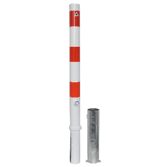 Schake Absperrpfosten herausnehmbar aus Stahlrohr verzinkt Ø76x2,9mm weiß mit rot reflektierenden Leuchtstreifen, Profilzylinder und Stahlkappe 900mm Überflur-Beschreibung lesen