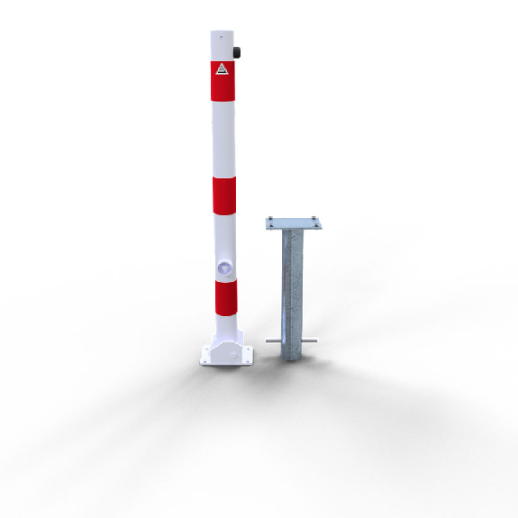 Schake Absperrpfosten umlegbar zum Einbetonieren aus Stahlrohr verzinkt Ø60x2,5mm weiß mit rot reflektierenden Leuchtstreifen, Dreikantverschluss und Stahlkappe 900mm Überflur-Beschreibung lesen