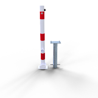 Schake Absperrpfosten umlegbar zum Einbetonieren aus Stahlrohr verzinkt Ø60x2,5mm weiß mit rot reflektierenden Leuchtstreifen, Dreikantverschluss und Stahlkappe 900mm Überflur-Beschreibung lesen