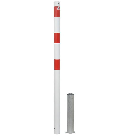 Schake Absperrpfosten herausnehmbar aus Stahlrohr verzinkt Ø60x2,5mm weiß mit rot reflektierenden Leuchtstreifen und Stahlkappe 900mm Überflur ohne Verschluss und Ösen Schake Absperrpfosten herausnehmbar aus Stahlrohr verzinkt Ø60x2,5mm weiß mit rot reflektierenden Leuchtstreifen und Stahlkappe 900mm Überflur ohne Verschluss und Ösen-Beschreibung lesen