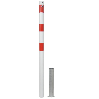 Schake Absperrpfosten herausnehmbar aus Stahlrohr verzinkt Ø60x2,5mm weiß mit rot reflektierenden Leuchtstreifen und Stahlkappe 900mm Überflur ohne Verschluss und Ösen-Beschreibung lesen