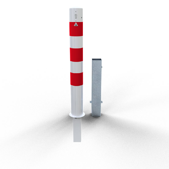 Schake Absperrpfosten herausnehmbar aus Stahlrohr verzinkt Ø108x2,9mm weiß mit rot reflektierenden Leuchtstreifen, Profilzylinder und Stahlkappe 900mm Überflur-Beschreibung lesen