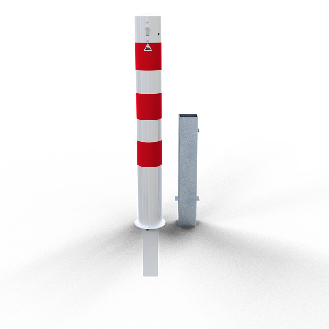 Schake Absperrpfosten herausnehmbar aus Stahlrohr verzinkt Ø108x2,9mm weiß mit rot reflektierenden Leuchtstreifen, Profilzylinder und Stahlkappe 900mm Überflur-Beschreibung lesen