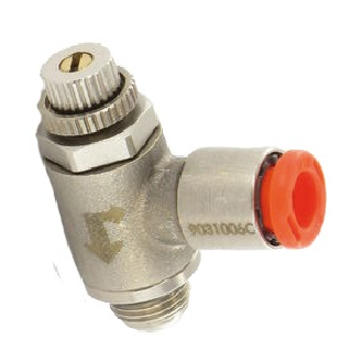 Limiteurs de débit - Equerre - Unidir. pour actionneur - Laiton nickelé - 1/4" M - Ø10mm - 0 à 10bar-Lire la description