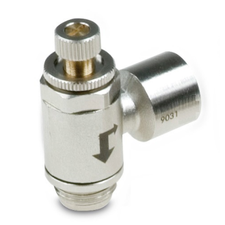 Limiteurs de débit - Equerre - Unidir. pour distributeurs  - Laiton nickelé - 1/4" MF - 0 à 10 bar-Lire la description