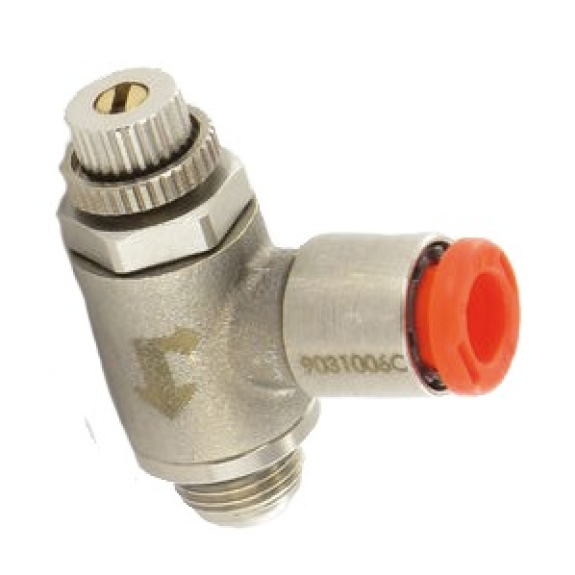 Limiteurs de débit - Equerre - Unidir. pour actionneur - Laiton nickelé - 1/8" M - Ø6mm - 0 à 10bar-Lire la description