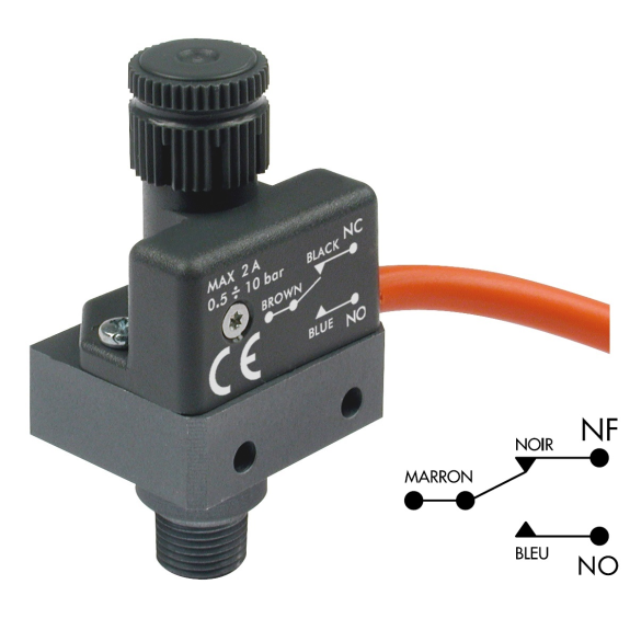 Pressostats à un contact élec. IP65 - Alu - Racc. Alu - 1/8" - 0,5 à 10 bar -Pmax: 15 bar - NO et NF-Lire la description