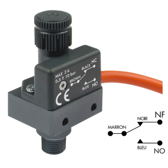 Pressostats à un contact élec. IP65 - Alu - Racc. Alu - 1/8" - 0,5 à 10 bar -Pmax: 15 bar - NO et NF-Lire la description