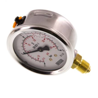 Manomètre Ø 63mm - Inox - Rac. au bas Laiton - G1/4'' - Av glycérine - (-)1 - 3bar - Précision: 1.6-Lire la description