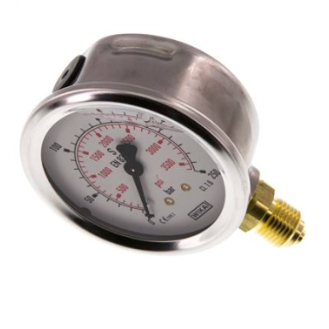 Manomètre Ø 63mm - Inox - Rac. au bas Laiton - G1/4'' - Avec glycérine - 0 - 250bar - Précision: 1.6-Lire la description