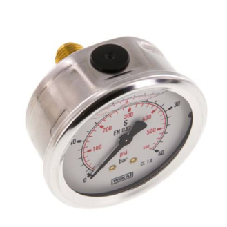 Manomètre Ø 63mm - Inox - Rac. au dos Laiton - G1/4'' - Avec glycérine - 0 - 40bar - Précision: 1.6-Lire la description