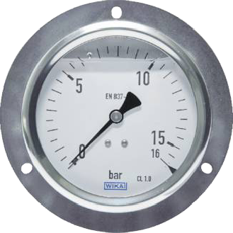 Manomètre Ø100mm -Avec collerette  -Inox -Rac. au dos laiton - G1/2'' -Av glyc. - (-)1 - 0bar -Cl1.0-Lire la description