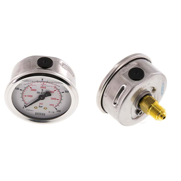 Manomètre Ø 63mm - Inox - Rac. au dos Laiton - G1/4'' - Avec glycérine - 0 - 400bar - Précision: 1.6-Lire la description