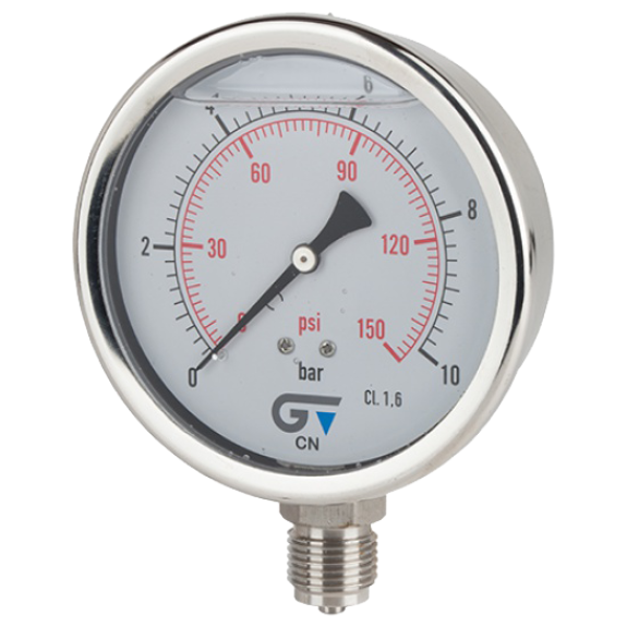 Manomètre Ø 100mm - Inox - Rac. au bas inox - G1/2'' - Avec glycérine - 0 - 25 bar - Précision: 1.6-Lire la description