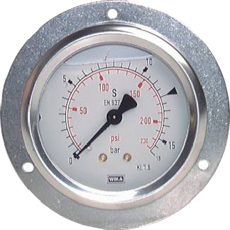 Manomètre Ø 63mm - Collerette - Inox -Rac. au dos Laiton - G1/4'' -Av glycérine - (-)1 -0bar - Cl1.6-Lire la description