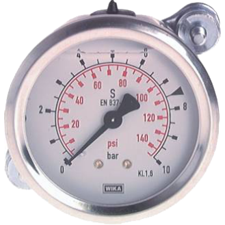 Manomètre Ø 63mm - Brides - Inox - Rac. au dos Laiton - G1/4'' - Av glycérine - 0 - 1bar - Cl1.6-Lire la description