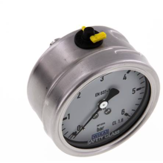 Manomètre Ø 63mm - Inox - Rac. au dos inox - G1/4'' - Avec glycérine - 0 - 6 bar - Précision: 1.6-Lire la description