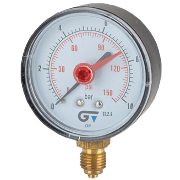 Manomètre Ø 63mm - Plastique - Rac. au bas Laiton - G1/4'' - Ss glyc. - 0 - 2,5bar - Précision: 2.5-Lire la description