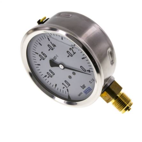 Manomètre Ø 100mm - Inox - Rac. au bas laiton - G1/2'' - Av glycérine - (-)1 - 0 bar  bar - Cl1.0-Leggi tutto