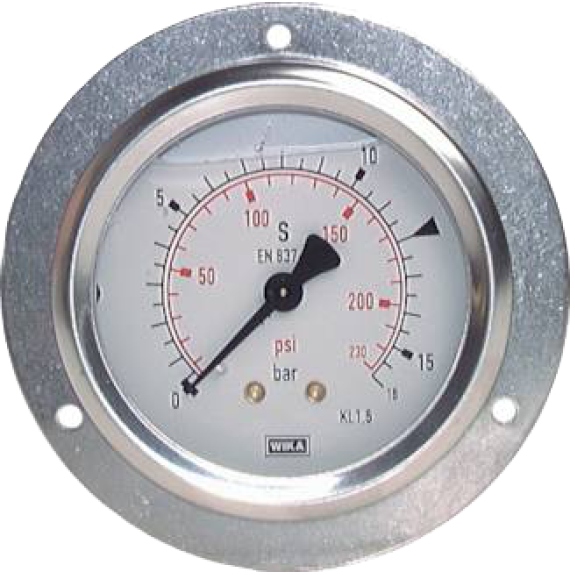 Manomètre Ø 63mm - Collerette - Inox - Rac. au dos Laiton - G1/4'' - Av glycérine - 0 -40bar - Cl1.6-Lire la description