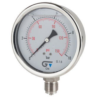Manomètre Ø 100mm - Inox - Rac. au bas inox - G1/2'' - Avec glycérine - 0 - 6 bar - Précision: 1.6-Lire la description