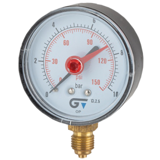 Manomètre Ø 63mm - Plastique - Rac. au bas Laiton - G1/4'' - Ss glyc. - 0 - 16bar - Précision: 2.5-Lire la description