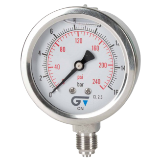 Manomètre Ø 63mm - Inox - Rac. au bas inox - G1/4'' - Avec glycérine - 0 - 100bar - Précision: 2.5-Lire la description
