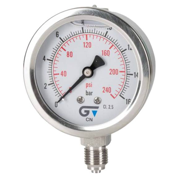 Manomètre Ø 63mm - Inox - Rac. au bas inox - G1/4'' - Avec glycérine - 0 - 100bar - Précision: 2.5-Lire la description