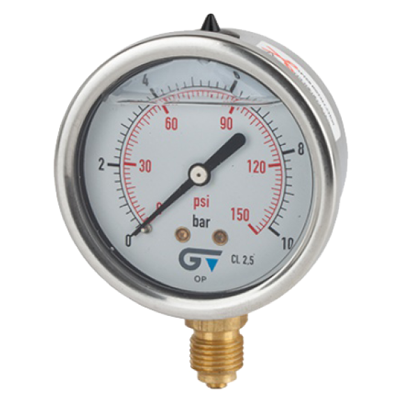 Manomètre Ø 63mm - Inox - Rac. au bas Laiton - G1/4'' - Avec glycérine - 0 - 6bar - Précision: 2.5-Lire la description