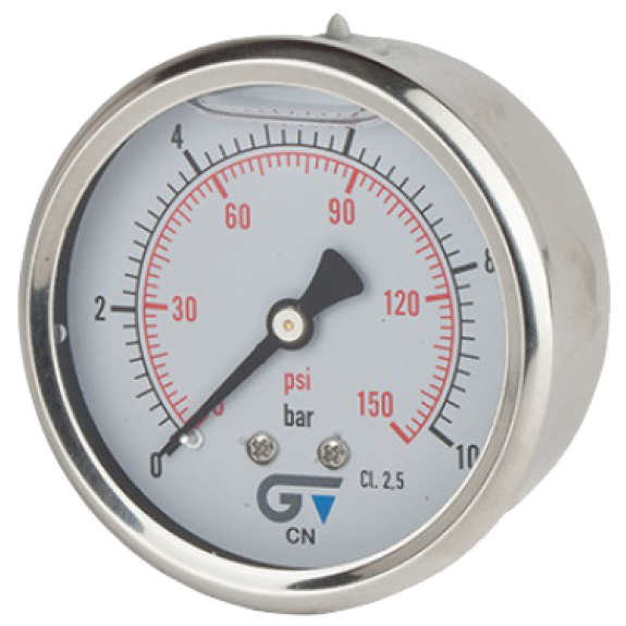 Manomètre Ø 63mm - Inox - Rac. au dos Laiton - G1/4'' - Avec glycérine - 0 - 25bar - Précision: 2.5-Lire la description
