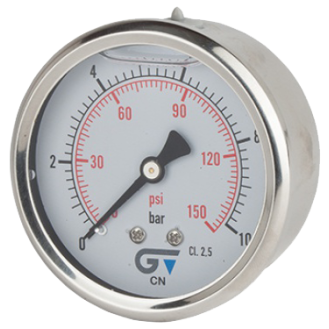 Manomètre Ø 63mm - Inox - Rac. au dos Laiton - G1/4'' - Avec glycérine - 0 - 25bar - Précision: 2.5-Lire la description